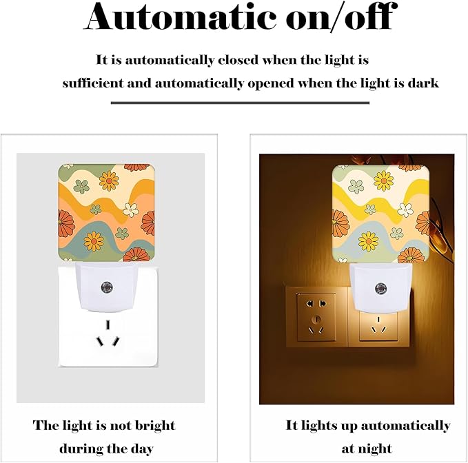 Waves and Floral Night Light,Plug Into Wall for Boys Girls Bedroom Decorative Square Night Light Lamp 0.5w Sleep Friendly