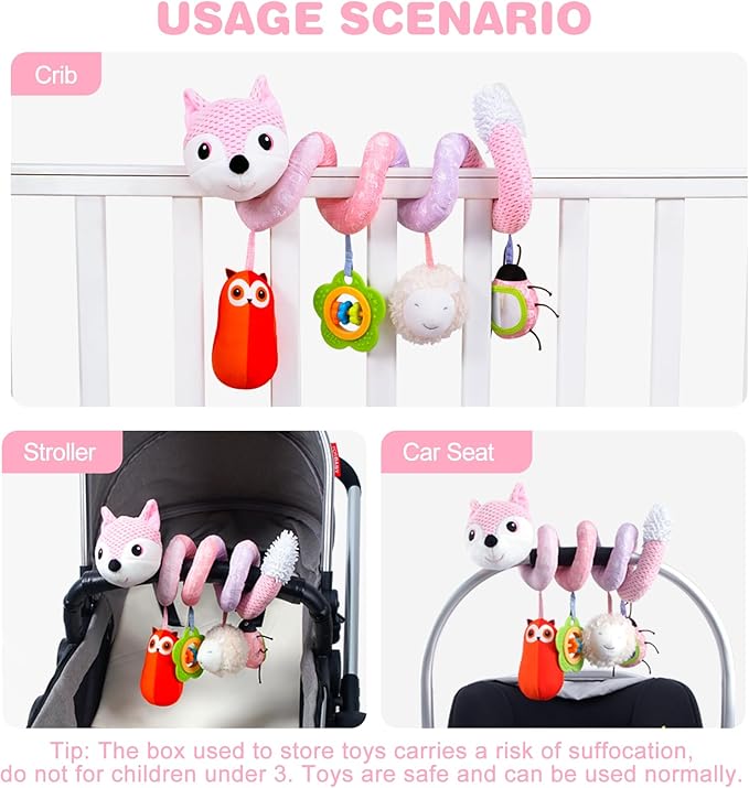 Jollybaby Crib Stroller Car Seat Toys for Baby 0-3-6-9-12 Months, Tummy Time Hanging Sensory Toys for Newborn with Music Box and Teether, Spiral Carseat Toy for Infant Boys Girls Gifts (05-Pink Fox)
