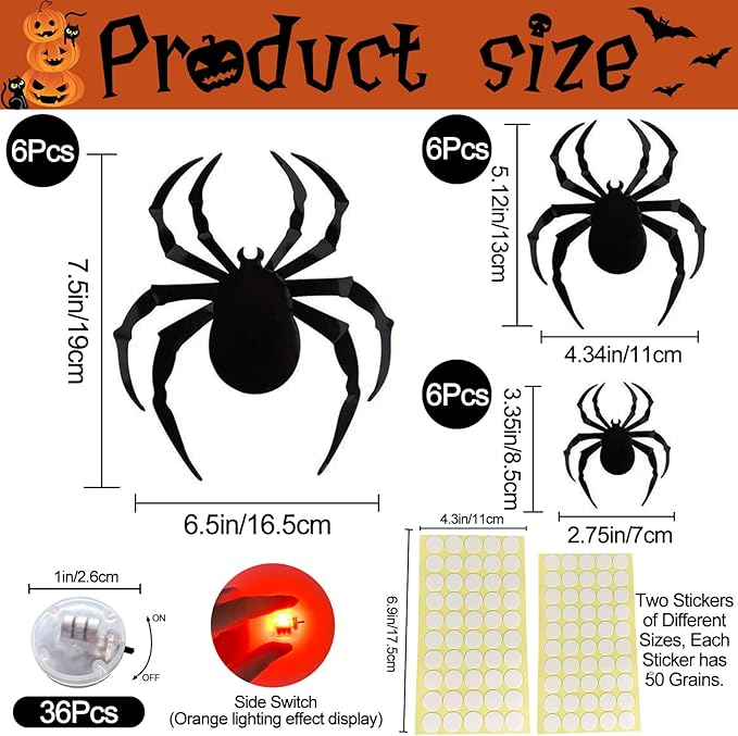 36 Pcs Halloween Wall Decor 3D Led Bats Spiders Wall Stickers Removable Light Up Spiders Bats Decals for Indoor Outdoor Window Door Halloween Party Decorations