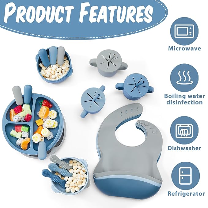 Yinder 24 Pack Silicone Baby Feeding Set Baby LED Weaning Supplies Includes Suction Divided Plates Soft Bowl Spoons Forks Adjustable Bib Snack Cup and Straws(Dark Blue, Gray Blue, Smoky Gray)