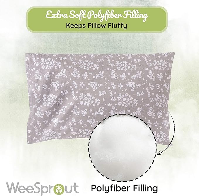 WeeSprout Toddler Polyester Organic Cotton Shell and 2 Pillowcases, Small Kids Pillow, Soft and Supportive Polyfiber Filling, Machine Washable, 18 x 13 x 3 (White + Floral Print, 3 Piece Set)
