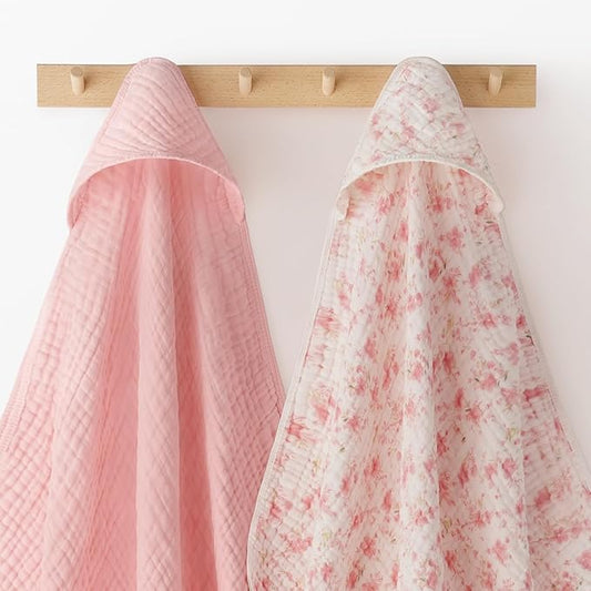 Looxii Baby Bath Towels 2 Pack Muslin Hooded Baby Towels for Newborn and Infants, 100% Cotton, Large 32x32Inch, Soft and Absorbent Pink+Flowers