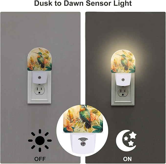 Hummingbird and Tropical Flowers Night Light for Kids,Watercolor Floral Bird Night Light Plug in with Dusk to Dawn Sensor,0.5w Energy Saving Nightlight for Hallway Stairway Kitchen Bedroom