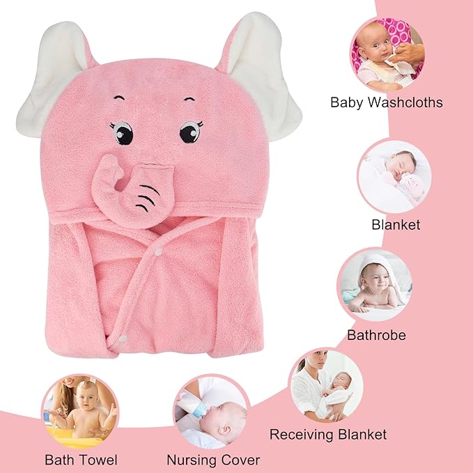 ROMASA Baby Bath Towel Ultra Soft Hooded Towel Highly Absorbent Bathrobe Blanket Toddlers Shower Gifts for Boys Girls-27.5" x 55" (Pink Elephant)