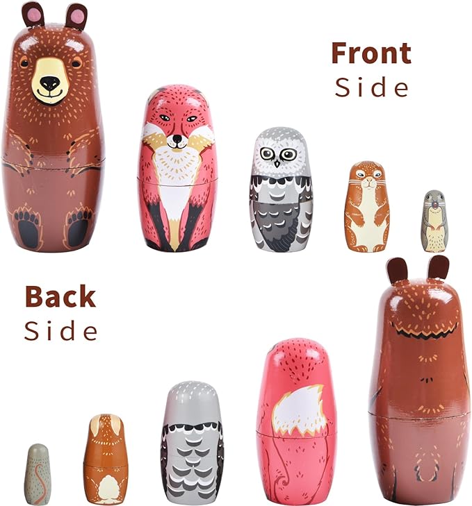 Russian Nesting Dolls, 5 Pcs 6 "Tall Animal Nesting Easter Eggs Toys, Stacking Wooden Handmade Matryoshka Dolls for Kids Toddlers Birthday or Home Decoration Gift (Bear)