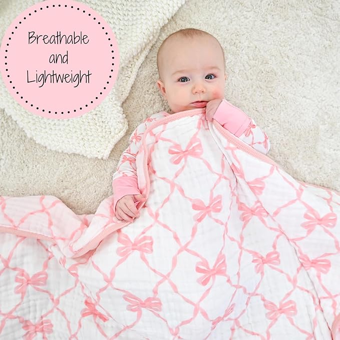 LollyBanks Muslin Baby Blanket 100% Organic Cotton, Muslin Quilt Lightweight, Muslin Blanket for Girls, 6 Layers Baby Blankets 47"x 47", Soft Nursery Receiving Blankets (Pink Bow Print)