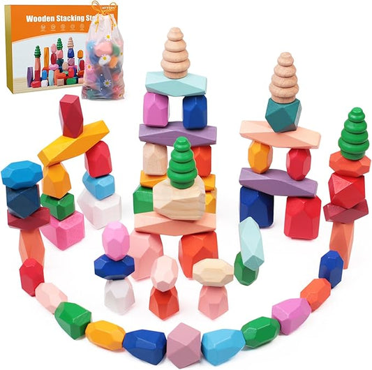 50 PCS Wooden Stacking Rocks Sensory Toys for Toddlers 3-4 Learning Montessori Building Block Toys Balancing Stacking Stones Preschool Learning Educational for Kids 3 4 5 Years Old Gifts