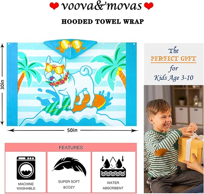 VOOVA & MOVAS Toddler Towels for Kids 3-10Years, 30''X50, Soft | Thick | 100% Cotton | Absorbent Towel Wrap, Perfect for Kids Beach, Pool, Bath, Swimming, Stripe Dog