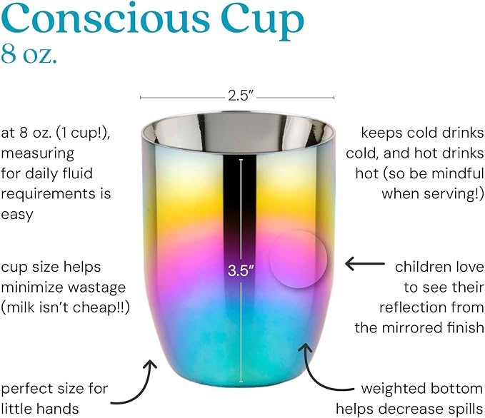 Ahimsa Stainless Steel Kids Cups - Pediatrician Designed Toddler Cup for Open Cup Training, 8oz, 100% BPA Free & Dishwasher Safe (Set of 4 Rainbow Cups)