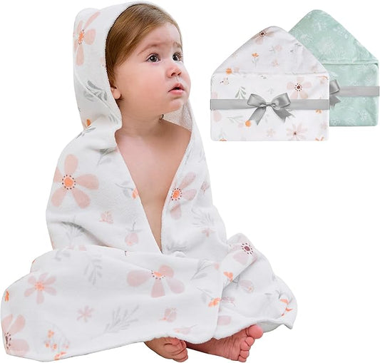 Viviland 2 Pack Hooded Baby Towels, Soft 100% Cotton Baby Bath Towels with Hood, Extra Thick and Absorbent, Essential for Newborns, Kids, Infants - Girls and Boys (Green Leaves)