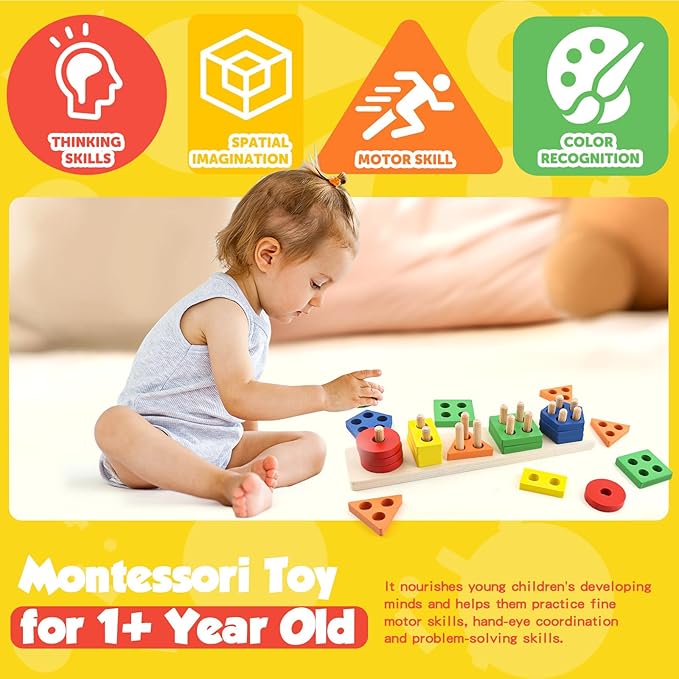 Montessori Toys for 1 2 3 Year Old Girls Boys, Wooden Sensory Toys for 1-3 Year Old Birthday Gifts, Education Toddler Puzzles Toddler Easter Basket Stuffers Learning Toy Activities Puzzles Ages 1-3