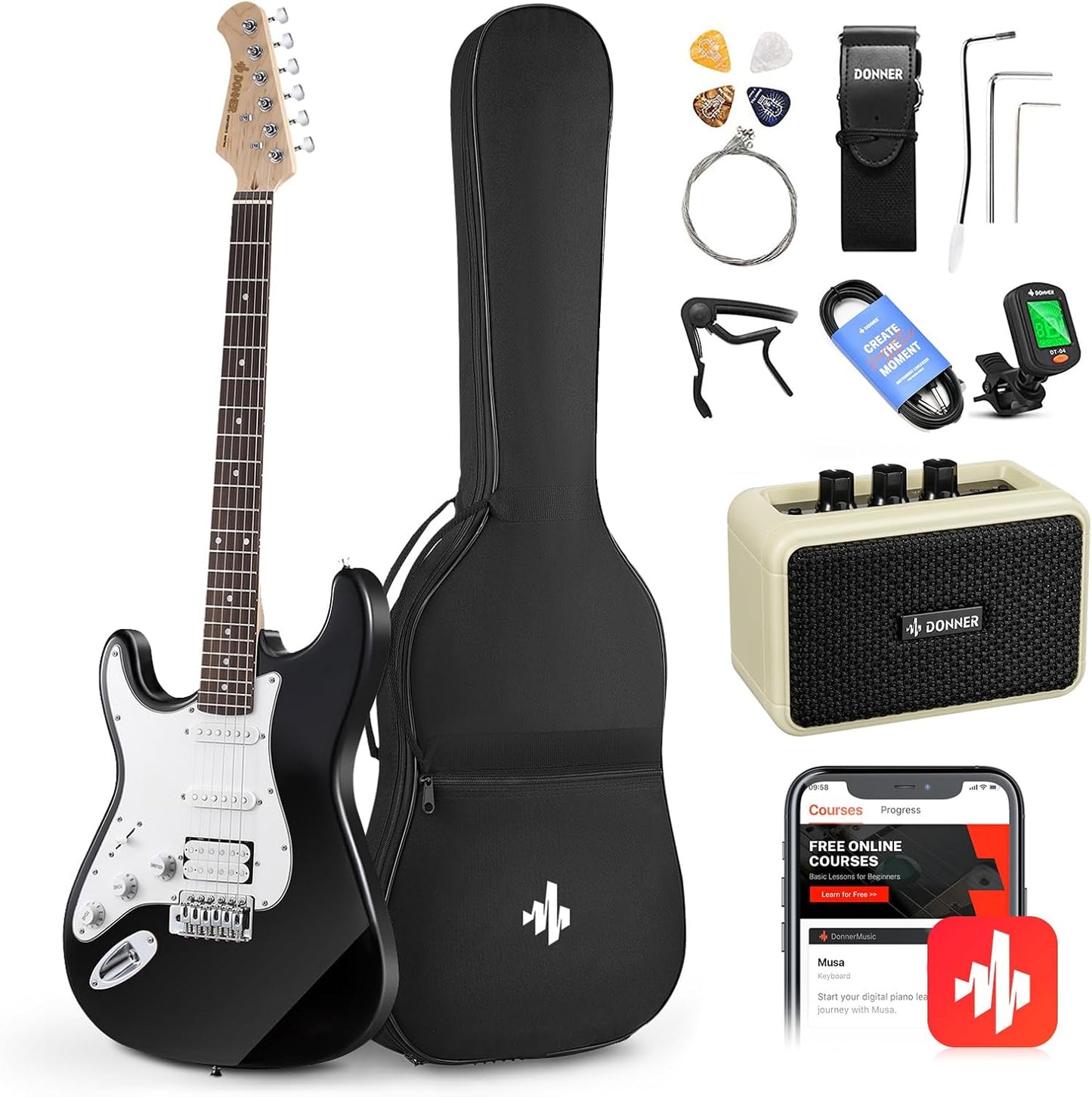 Donner 39 Inch Left-Handed Electric Guitar Kit Solid Body Black Lefty Beginner Set Full-Size with Amplifier Online Lesson Bag Digital Tuner Capo Strap String Cable Picks DST-100BL