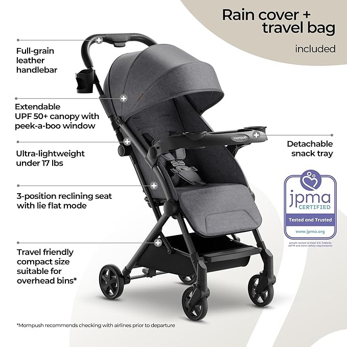 Mompush Lithe V2 Lightweight Travel Stroller, Compact Foldable Baby Stroller with Travel Bag, One-Hand Fold Stroller, Snack Tray, Mechanical Recline Seat, Airplane-Ready, Organizer & Rain Cover