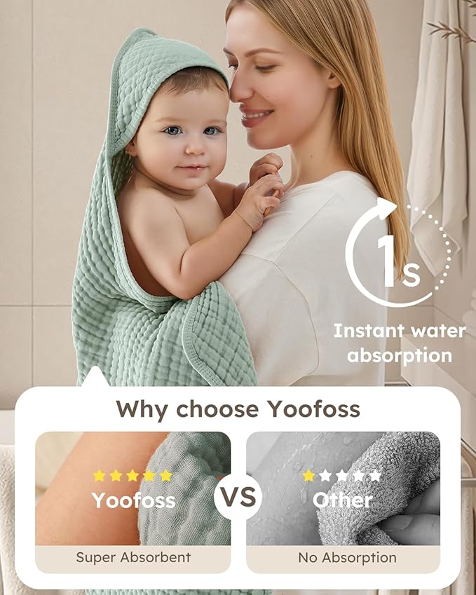 Yoofoss Hooded Baby Towels for Newborn 2 Pack 100% Muslin Organic Cotton Baby Bath Towel with Hood for Babies, Infant, Toddler and Kids, 37.5“x37.5“, Soft and Absorbent Newborn Essential,Apricot&Green