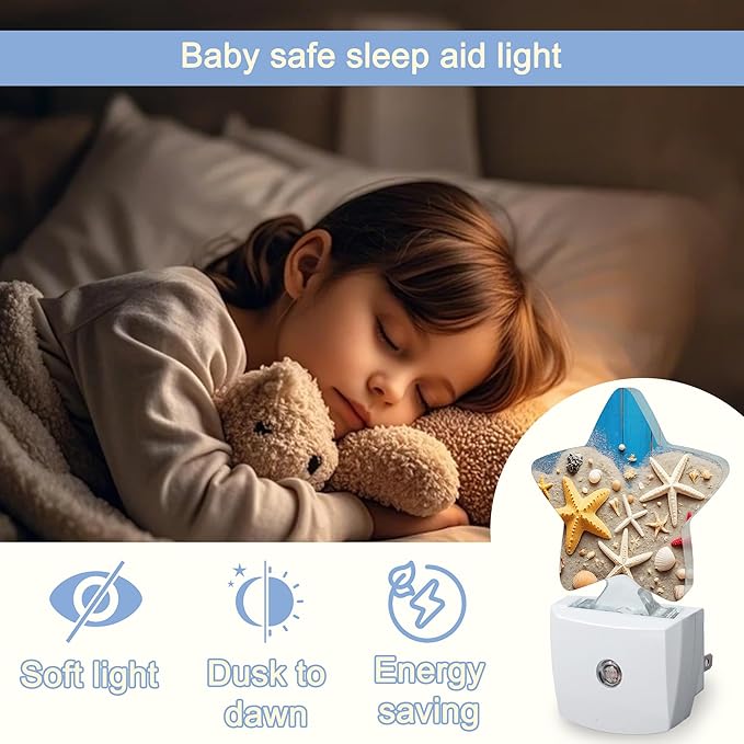 Coastal Seashell Starfish Night Lights Plug Into Wall,Blue Wooden Star Night Light for Kids,Nightlight with Dusk to Dawn Smart Sensor for Bedroom Bathroom Decor,Children Women Men Gift