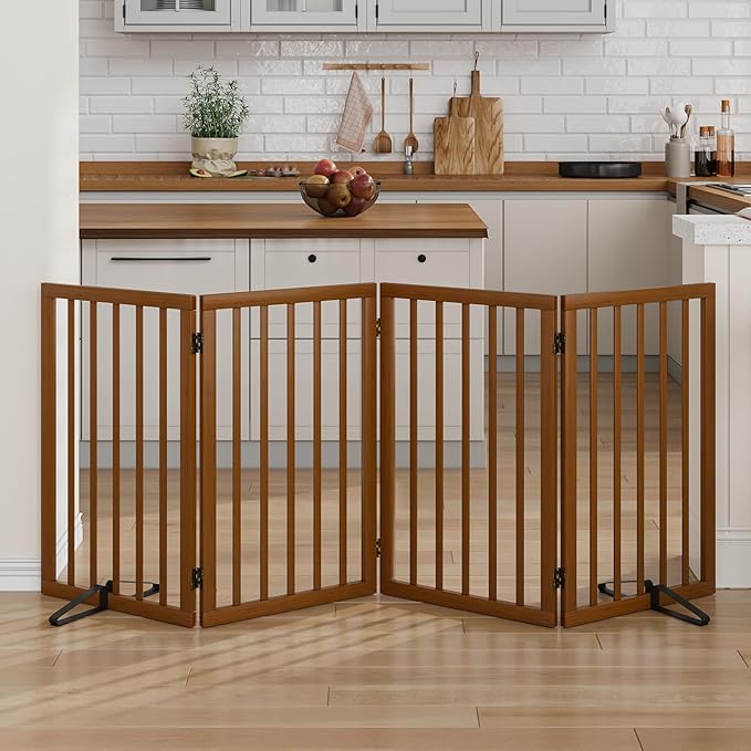 Dog Gate 32" Tall Foldable Dog Gate for Doorways Freestanding Pet Gate for Dogs Indoor (Walnut, 4 Panel)