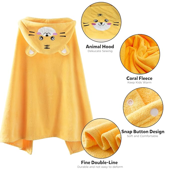 ROMASA Toddler Hooded Bath Towel Ultra Soft Towel Highly Absorbent Bathrobe Blanket for Boys Girls- 27.5" x 55" (Yellow-Tiger)