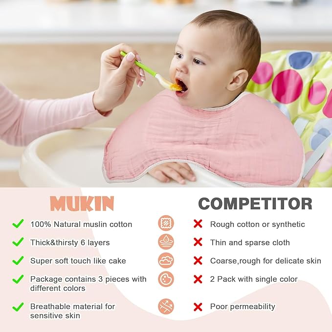 MUKIN Baby Muslin Burp Cloth Set of 6, Ultra Soft Absorbent Thick Cotton Burping Cloths for Unisex Newborn Babies, 20'' by 10'' Neutral Milk Spit Up Rags Boys Girls - Baby Must Haves. (Gradient Pink)