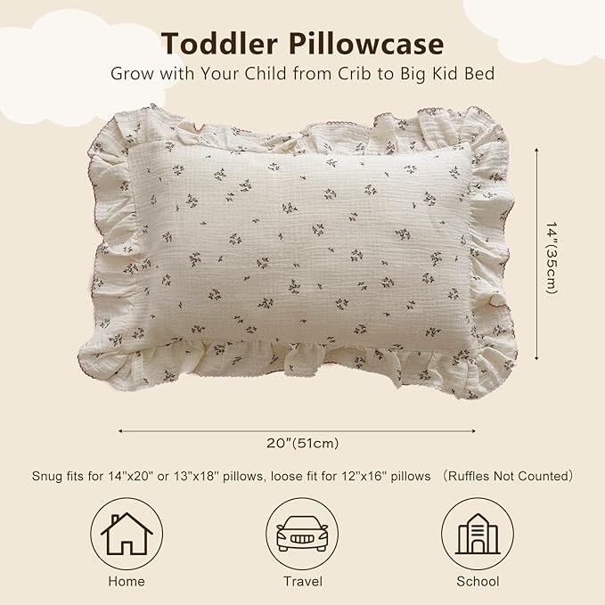 BuLuTu Cotton Muslin Kids Toddler Pillowcase with Ruffles, Chic Shabby Floral Pillow Cases, Girls Pillow Covers Fit 12"x16"/13"x18"/14"x19" Kids Pillow, Envelope Closure, Primrose Pattern, 1 Pack