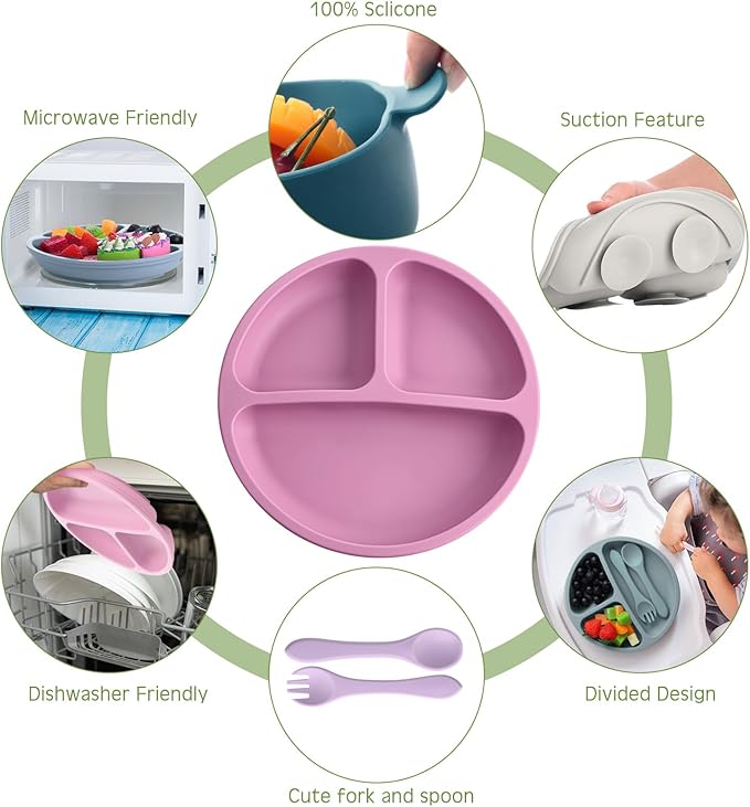 Dandat 24 Pcs Silicone Baby Feeding Set,6 Baby Toddler Suction Bowls 6 Divided Suction Plates with 6 Forks 6 Spoons, Utensils Set for Weaning Infant Feeding and Eating, 6 Styles (Elegant Color)