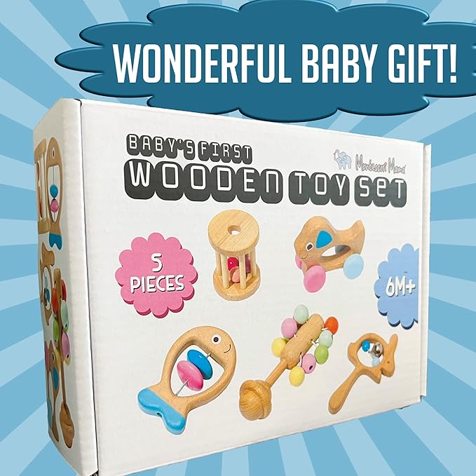 Montessori Mama Wooden Toys for Babies 5-Piece Collection - Multi-Sensory Learning Rattle for Babies - Infant Wooden Toy Set Baby Weights Toys - Teether
