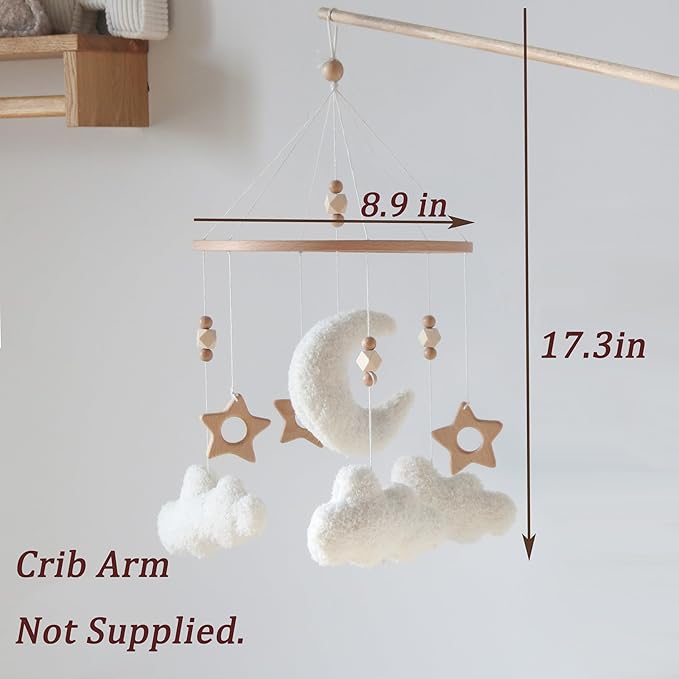Cloud Moon Crib Mobile Cloud Baby Mobile for Crib Neutral Boho Clouds and Wooden Stars Moon Mobile Boucle Mobile