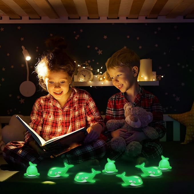 HyDren 48 Pcs Glow in The Dark Rubber Whale Bulk Squeaky Rubber Whale Luminous Mini Sea Animal Toys Bathtub Favors for Classroom Operation Christmas Basket Stuffers Child Gift Bulk(Black)