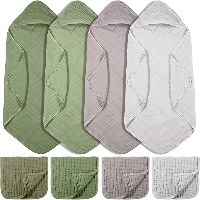 VitalCozy 8 Pcs Baby Muslin Hooded Bath Towels and Washcloths, 32 x 32 Inch Muslin Hooded Baby Towels Absorbent Blankets for Gift Newborn Infant Shower (Morandi Color)