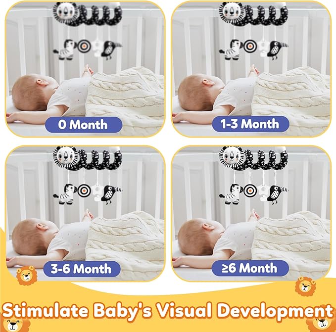 Baby Carseat Toy Black & White Rattle Spiral Hanging Activity Stroller Toy for Newborns Boys and Girls - Lion