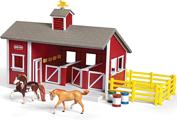 Breyer Stablemates Red Stable Set with 2 Horses – Realistic Horse Toys for Girls Ages 4–8, Barn Playset with Fencing, Barrels & Trough, Creative Gift for Kids, Imaginative Horse Play
