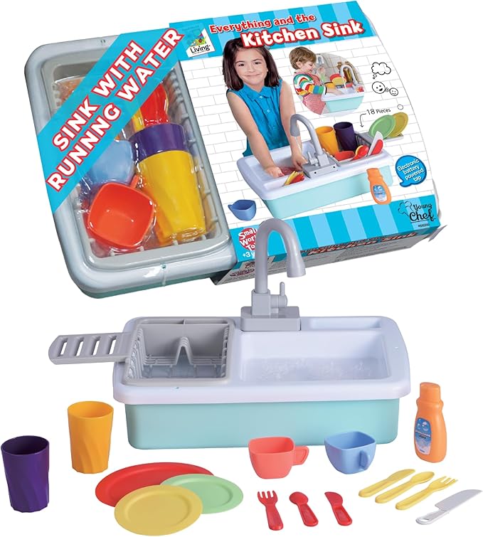 Small World Toys Play Sink with Running Water, Kids Play Kitchen Sink Toys for Kids Age 3+, Automatic Faucets with Realistic Dishes, Toddler Sink Pretend Play Set Gifts for Girls and Boys