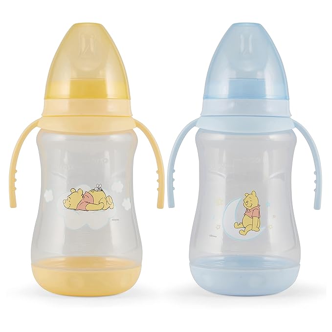 Disney 2 Pack 10 Ounce Baby Bottles with Character Prints and Colored Covers with Double Handle - BPA Free and Easy to Clean