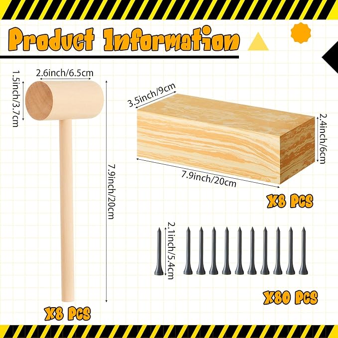 Realspring 8 Set Wooden Hammer Tool Set Kids Carpentry Woodworking Toys 8+ Year Old Hammering Pounding Toy Workbench for Construction Birthday Party Supplies Play Educational Gift Boys and Girls