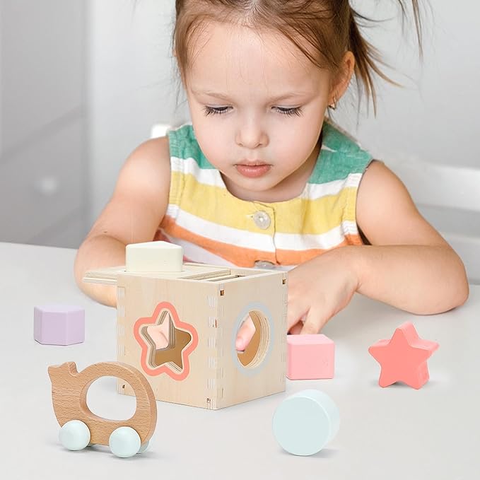 Sensory & Educational Wooden Toy Set for Toddlers 1-3 Years Old - Stacking Rings, Shape Sorter, Push Car, Bead Maze, Montessori Toys for Boys & Girl