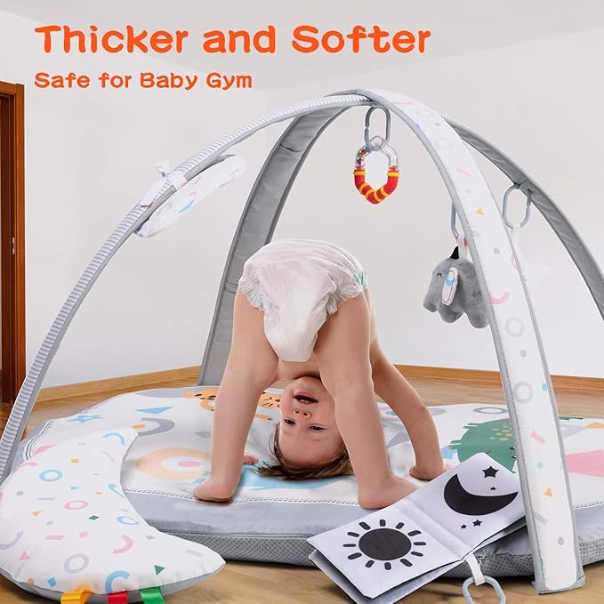 Lupantte 7-in-1 Baby Play Gym Mat with 2 Washable Covers, Infant Activity Mat with 6 Sensory Toys for Visual, Hearing & Cognitive Development, Thick Non-Slip Playmat for Babies & Toddlers