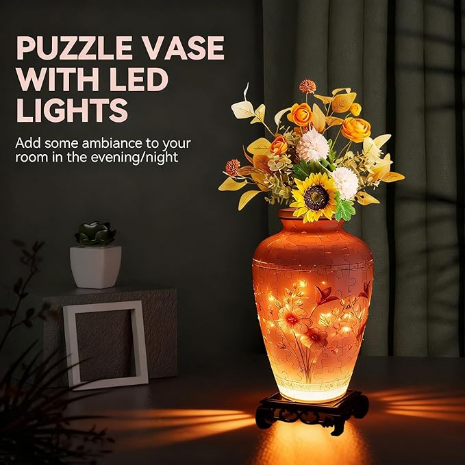 3D Puzzles Vase for Adults, Crafts for Adults, 120 Pieces Plastic DIY Unique Flower Vase with LED Light House Warming Gift Birthday Gifts for Flower Arrangements and Home Decor (Pink)