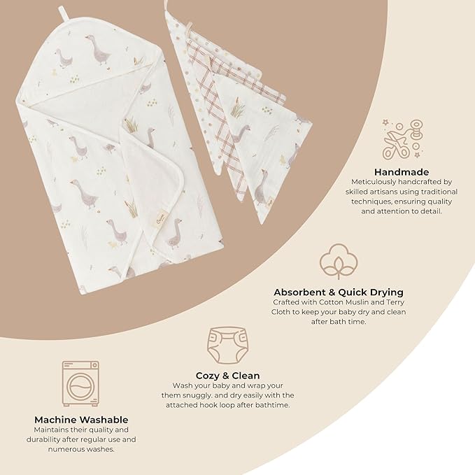 Crane Baby Hooded Towel & Washcloth Set, Charlie Farmhouse Goose Hooded Baby Towels and Washcloths Set, Baby Bath Essentials, Washcloths for Newborn, Muslin Towel for Babies
