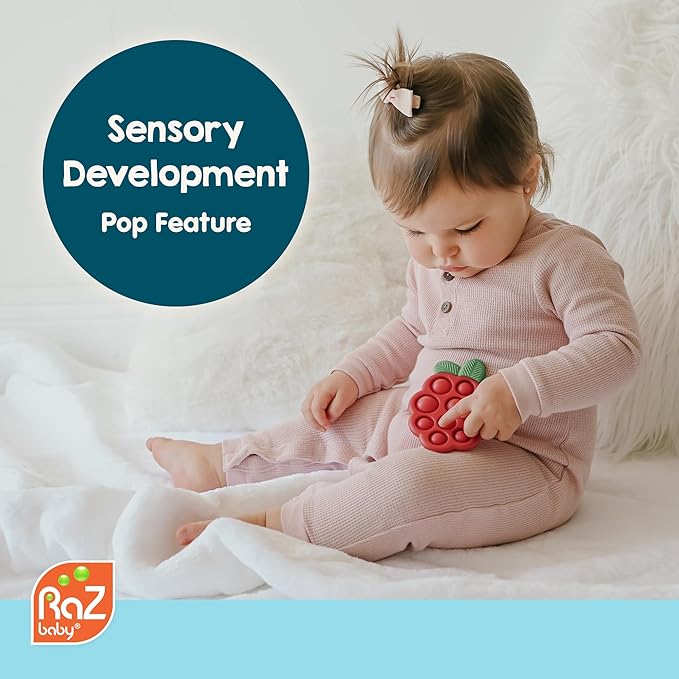 RaZbaby RaZberry Pop Strawberry Teether – Multi-Textured Silicone for Sensory Development & Teething Relief – Easy to Hold for Small Hands – Soft BPA-Free Design for Babies 3 Months+, Red/Green