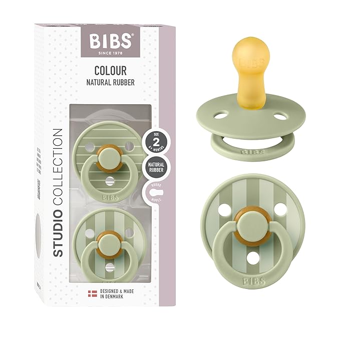 BIBS Pacifiers - Studio 2 Pack | Round Nipple Baby Pacifier | BPA Free Natural Rubber Latex Soother | Made in Denmark | Size 6+ Months | Pin Sage