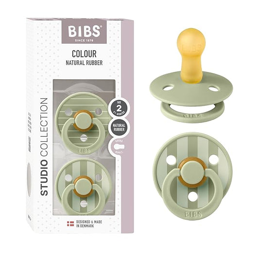 BIBS Pacifiers - Studio 2 Pack | Round Nipple Baby Pacifier | BPA Free Natural Rubber Latex Soother | Made in Denmark | Size 6+ Months | Pin Sage