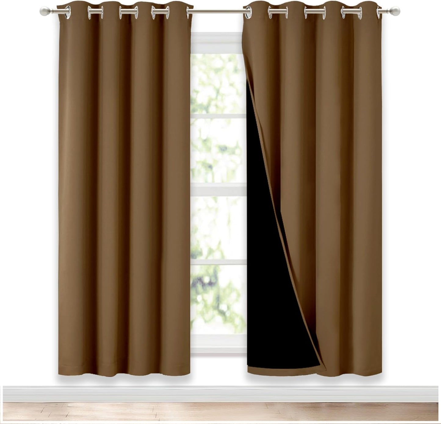 NICETOWN 100% Blackout Window Curtain Panels, Gold Brown, 2 Pieces, 52-inch Wide Per Panel, Full Light Blocking Drapes with Black Liner for Nursery, 72-inch Drop Thermal Insulated Draperies