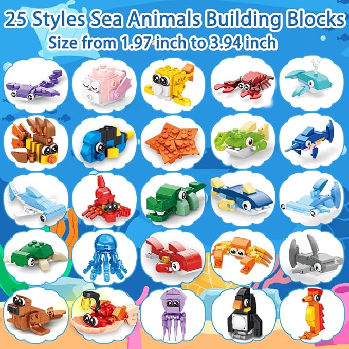 25 Packs Party Favors for Kids, Building Blocks Toys Sea Marine Animals Build Bricks for Classroom Prizes Goodie Bag Fillers Halloween Christmas Easter Birthday Gift Toy for Boys Girls Ages 6+