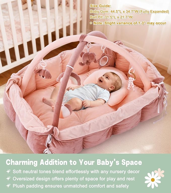 5-in-1 Baby Play Gym and Tummy Time Mat, Tummy Time Pillow & 12 Learning Cards, Plush Activity Mat with 6 Toys, Baby Gym, Convertible to Ball Pit & Pet Bed, Baby Gift, Pink
