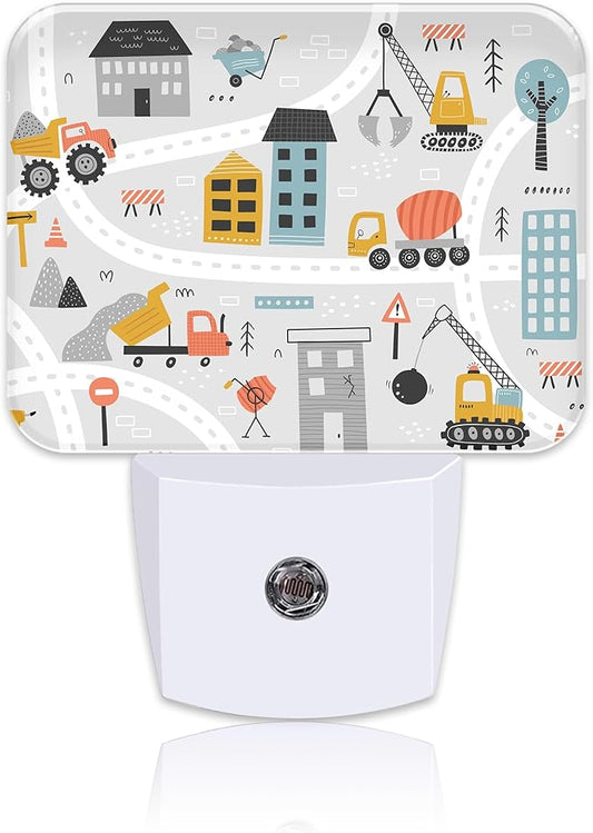 Cartoon Construction Vehicle Night Light for Kids Girls Boys, Building Scene LED Night Light Plug into Wall with Dusk to Dawn Sensor for Bedroom, Hallway, Kitchen, Bathroom, Stairs Decor