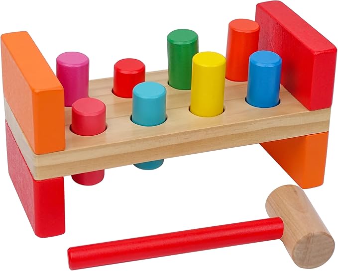 Hidoggy Wooden Hammer Toy for Toddlers 1-3, Montessori Pounding Bench Toy with 8 Pegs and Mallet for Hand-Eye Coordination, STEAM Toddler Toy