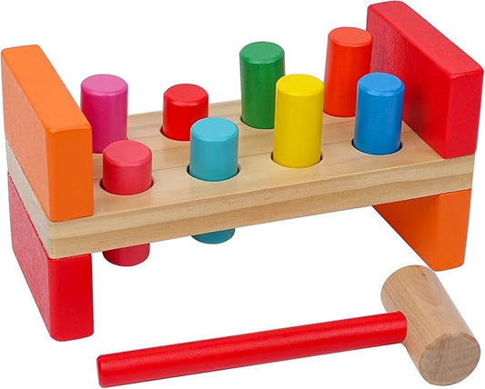 Hidoggy Wooden Hammer Toy for Toddlers 1-3, Montessori Pounding Bench Toy with 8 Pegs and Mallet for Hand-Eye Coordination, STEAM Toddler Toy
