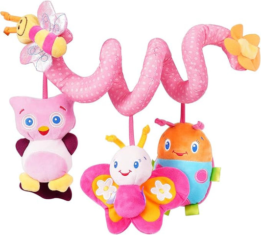Jollybaby Crib Stroller Car Seat Toys for Baby 0-3-6-9-12 Months, Tummy Time Hanging Sensory Toys for Newborn with Music Box and Teether, Spiral Carseat Toy for Infant Boys Girls Gifts (13-Pink)