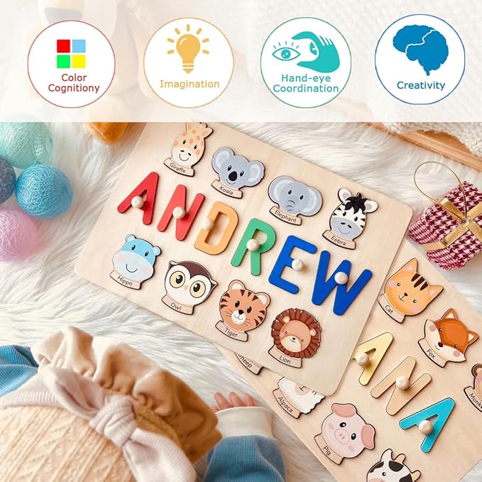 Custom Name Puzzle for Kids Personalized Wooden Animal Puzzles for Toddlers 1-3 Engraved Text on Back, Personalized Baby Gifts Educational Toys for 1 Year Old Girl Gifts for Birthday Baptism