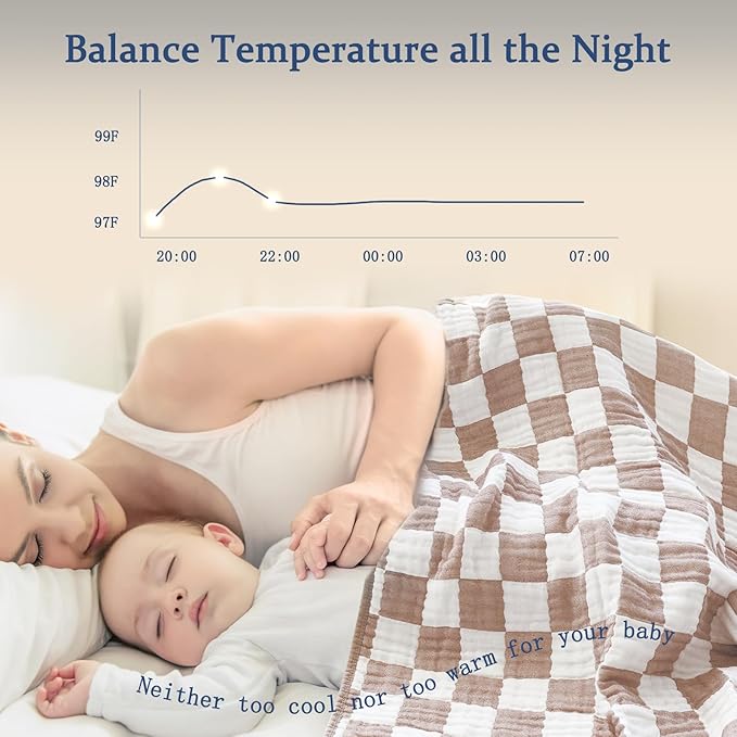 Ultra Soft Muslin Baby Blanket Neutral Versatile 6 Layers Swaddle and Bed Blanket for Babies, Toddlers, Boys or Girls Coffee Checkered 43 x 43 Inches