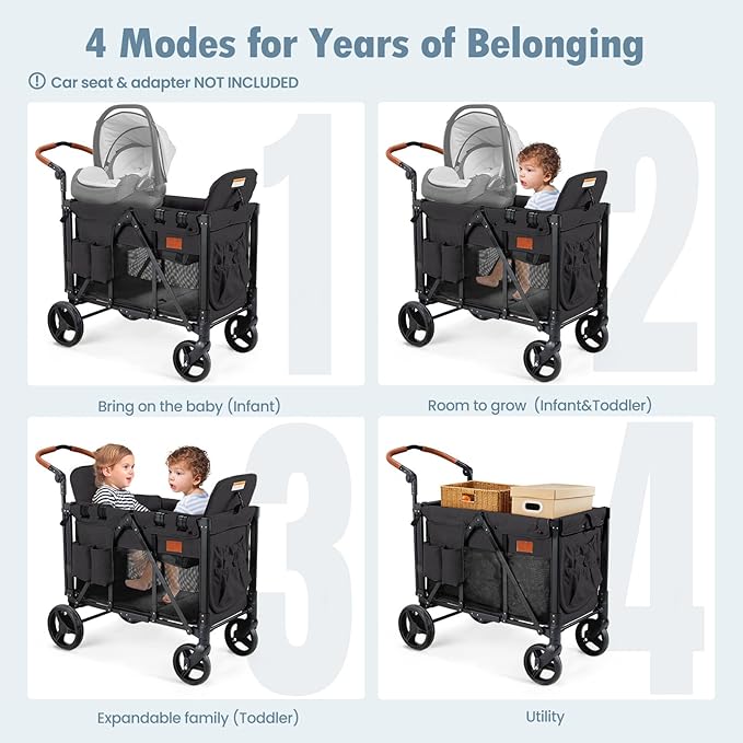 Wagon Stroller for 2 Kids, High Seat & 5 Point Harness, Foldable All-Terrain Wagon for Toddler with Canopy, Parent Organizer, Shoulder Bag, Adjustable Handlebar, Ultimate Double (Black)